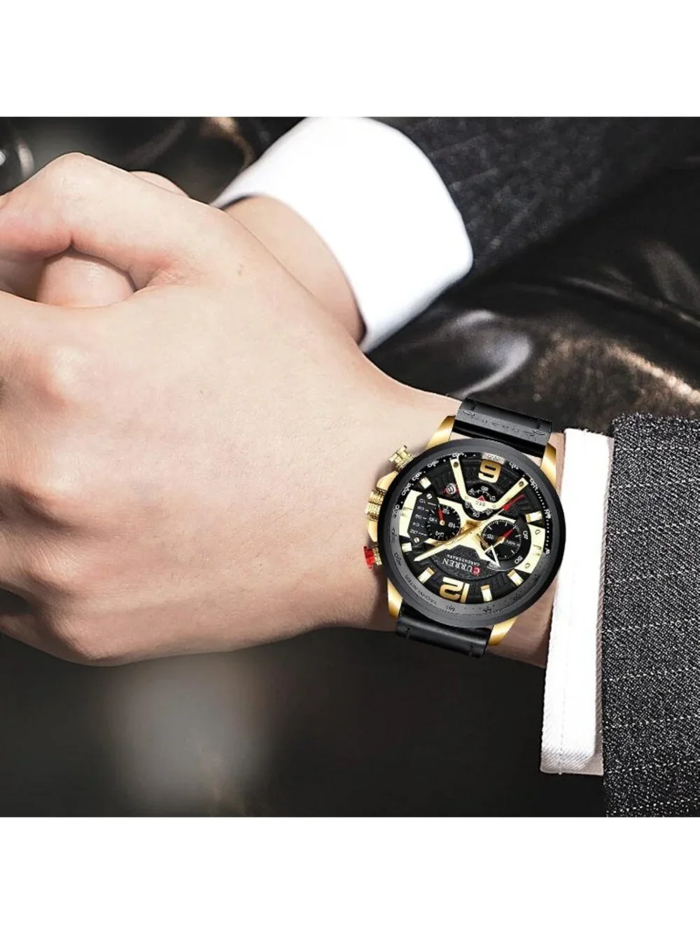 Men's Black Gold Analog Quartz Waterproof Leather Strap Chronograph Luxury Watch